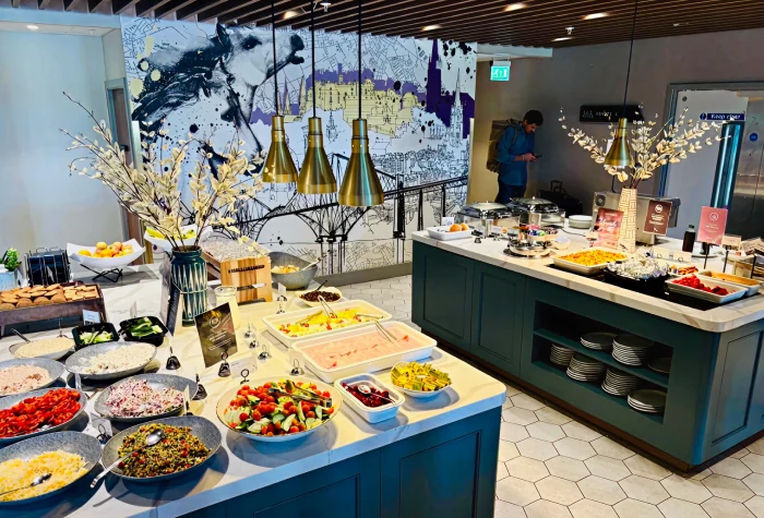 Buffet food selection inside an Edinburgh Airport lounge