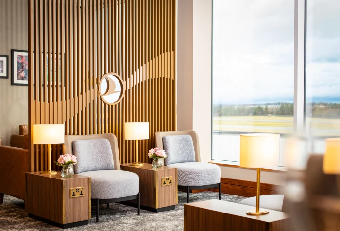 Window seating with runway views at the Turkish Airlines Lounge in Edinburgh Airport