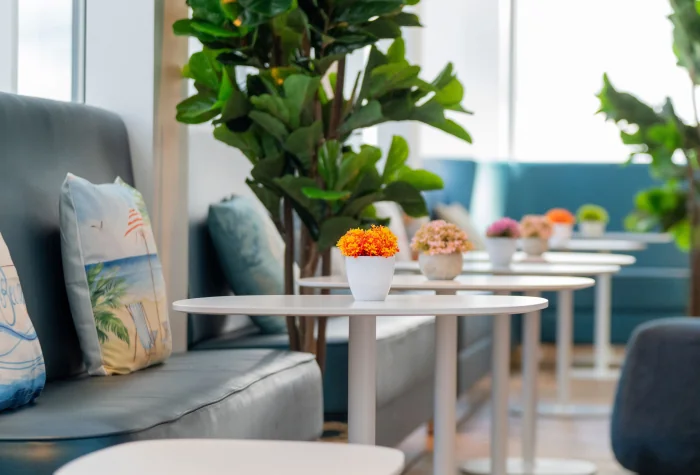 Seating and tables at the Plaza Express North Lounge