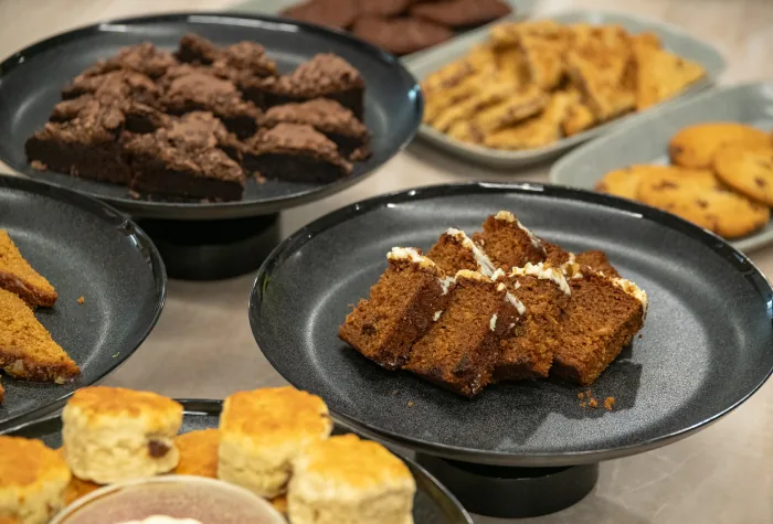 Selection of cakes, brownies and biscuits in the 681 lounge at Leeds Bradford Airport