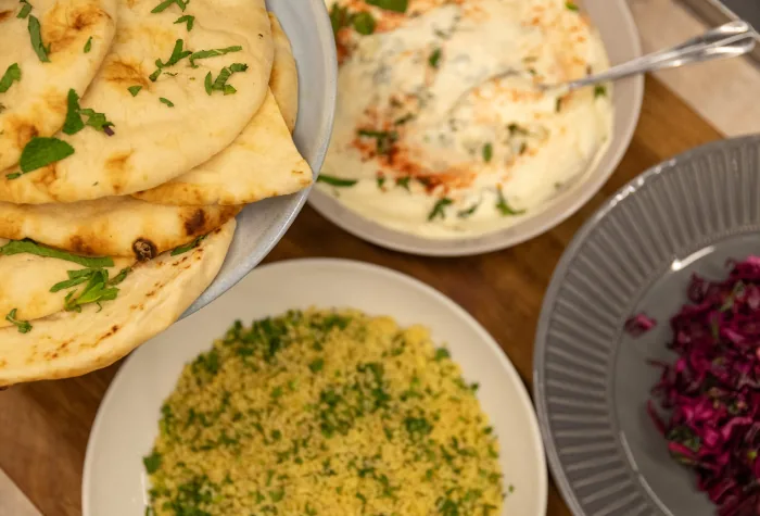 Flatbreads and buffet dishes served in the 681 lounge at Leeds Bradford Airport