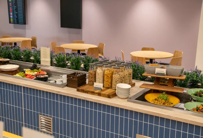 Breakfast buffet area inside the 681 lounge at Leeds Bradford Airport