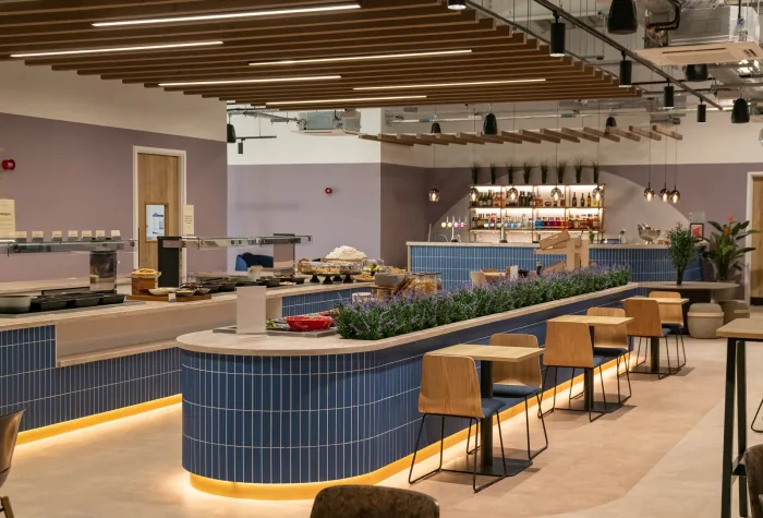Wide view of the buffet area in the 681 lounge at Leeds Bradford Airport