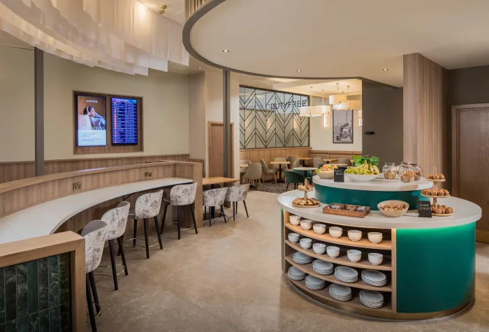 Breakfast buffet and self-serve food station in the Aspire Lounge at Liverpool Airport