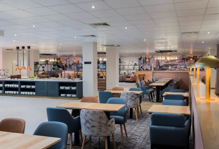 Wide interior view of the Aspire Lounge at Newcastle Airport