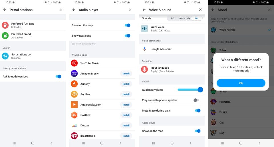 Waze app screenshots key features - including petrol stations & audio player