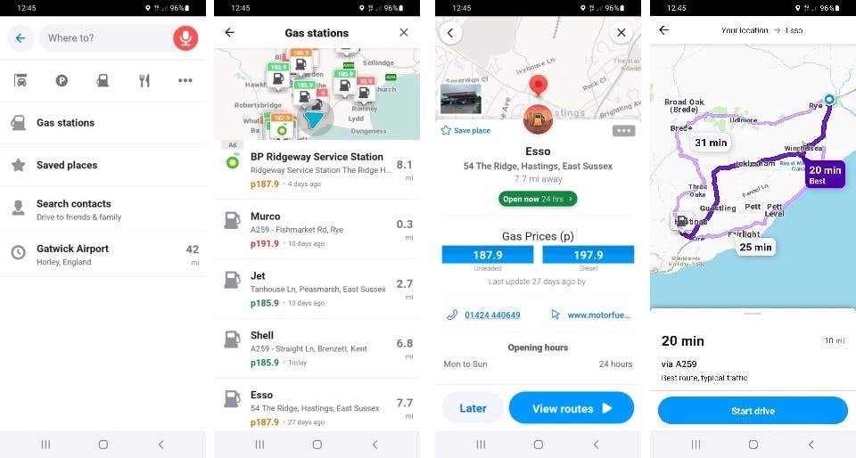 Waze app screenshots - find your nearest petrol station screenshots