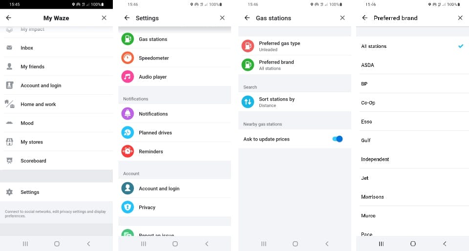 Waze app screenshots - how to set up preferred brand of petrol or diesel