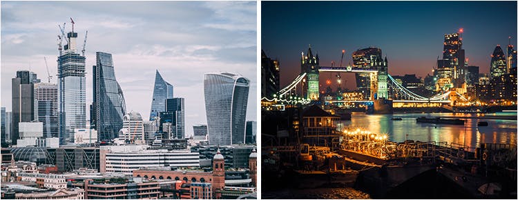 Collage of Photographs of London Cityscape, including the Shard and London Tower Bridge