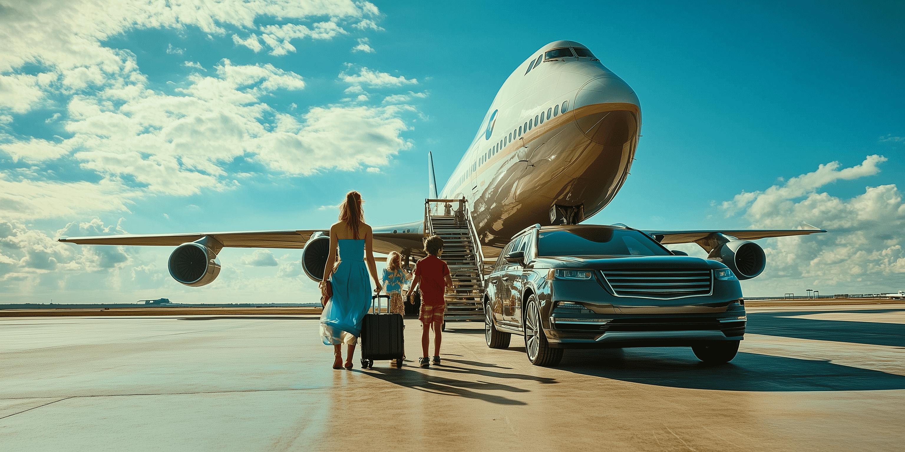 A woman and child walk hand-in-hand across an airport tarmac toward a large jet and waiting black SUV, each pulling rolling luggage under a bright blue sky.