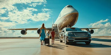 A woman and child walk hand-in-hand across an airport tarmac toward a large jet and waiting black SUV, each pulling rolling luggage under a bright blue sky.