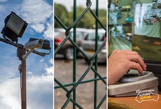 Security CCTV and Patrols Car Park Image - in the image are security floodlights, a close up view of perimeter fencing and a cctv monitoring station.