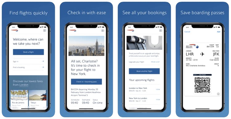 British Airways app screenshots on iOS