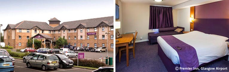 Premier Inn Glasgow Airport Hotel Exterior and Room with Bed