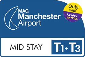Manchester Airport Parking Mid Stay Logo the logo reads MAG Manchester Airport Only with Holiday Extras Mid Stay T1 + T3