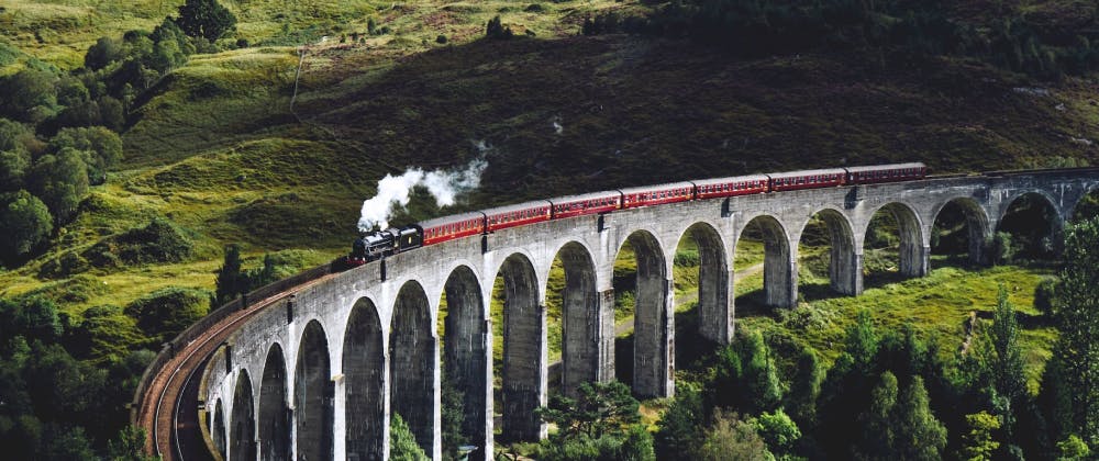 Jacobite steam train passing over the Glenfinnan viaduct