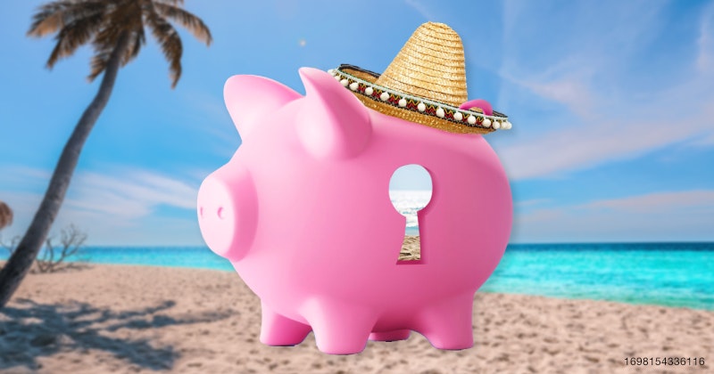 Piggy bank wearing sunglasses representing saving money on holidays