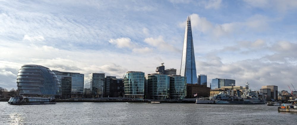 View of the Shard and surrounding buildings from the River Thames