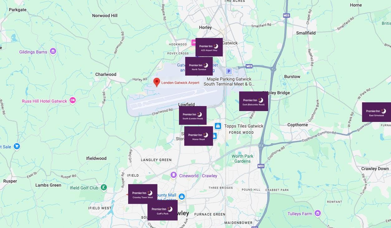 Map of Gatwick Airport showing Premier Inn hotel locations near the North and South Terminals, marked with Premier Inn logos