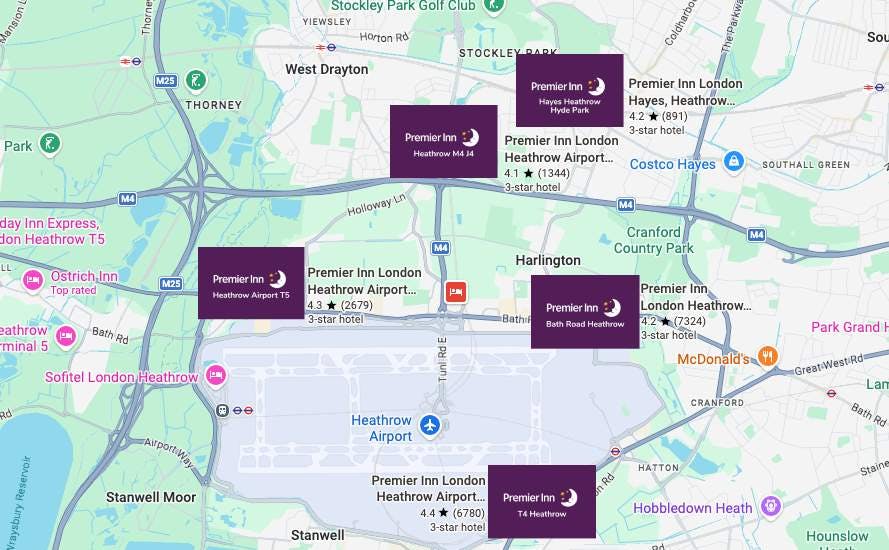 Map of Heathrow Airport showing Premier Inn hotel locations near Terminals 2, 3, 4 and 5, marked with Premier Inn logos