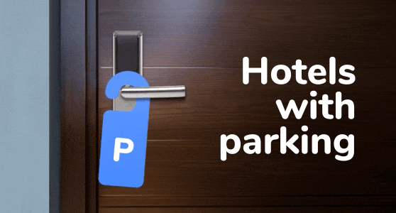 Manchester Hotel and Parking Deals - The image is of a closed hotel door with a do not disturb style sign swinging on the handle. Instead of do not disturb the sign has a parking symbol on it