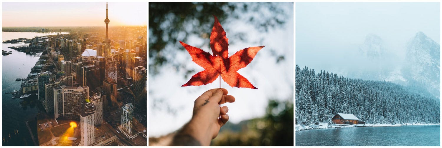 Aerial view of Toronto skyline at sunset, a hand holding a red maple leaf, and a snowy lakeside cabin in the Canadian Rockies.