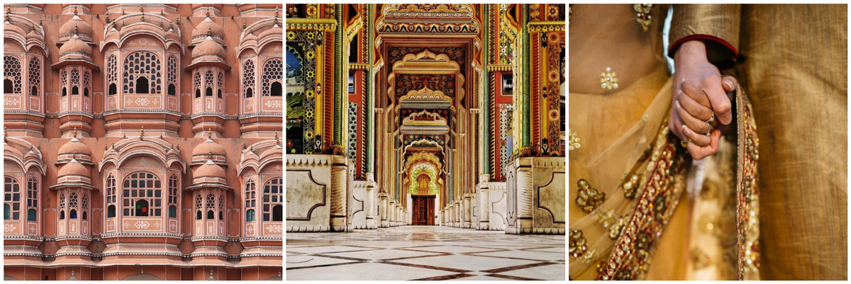A collage showing the ornate pink façade of Jaipur’s Hawa Mahal, the richly decorated arches of an Indian palace, and a close-up of a couple in traditional embroidered clothing holding hands, capturing cultural moments travellers may experience when arranging travel insurance for India.