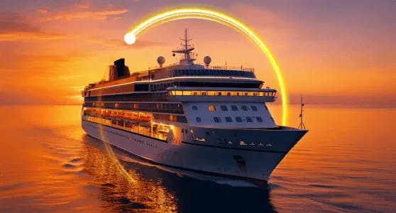 A cruise ship sailing during sunset