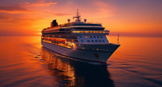 Luxury cruise ship sailing into a vibrant sunset, highlighting the peace of mind that comes with cruise insurance
