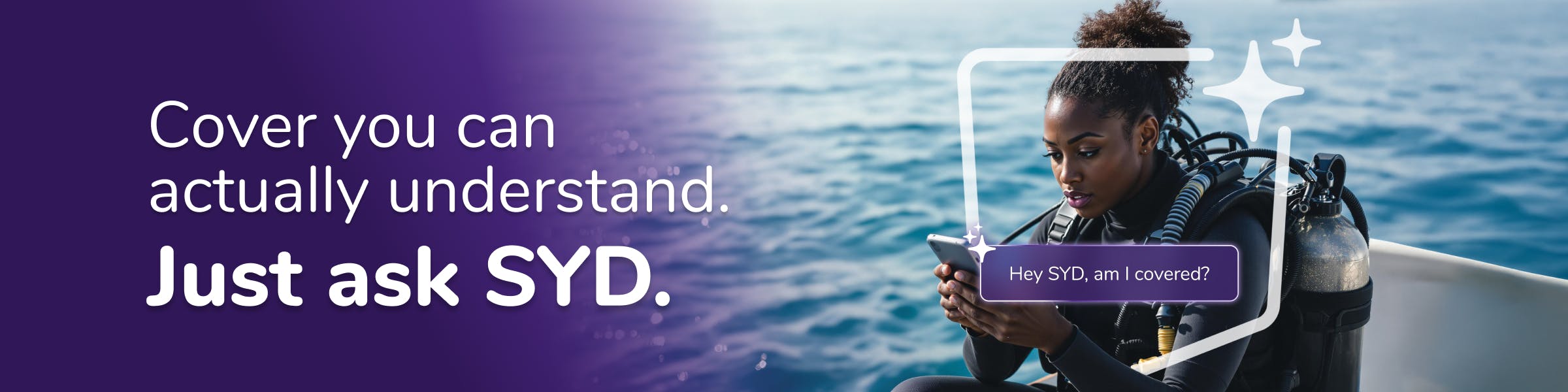 Travel insurance help made easy – woman in scuba gear checking her phone.