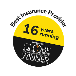 Holiday Extras travel insurance badges showing 16 years Globe Award wins.