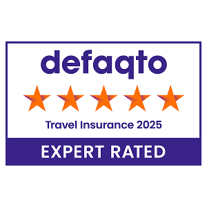 Holiday Extras travel insurance badges showing 5-star Defaqto rating.