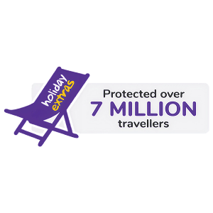 Holiday Extras travel insurance badges showing protection for over 7 million travellers.