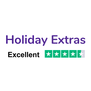 Holiday Extras travel insurance badges 4.5-star Trustpilot reviews.