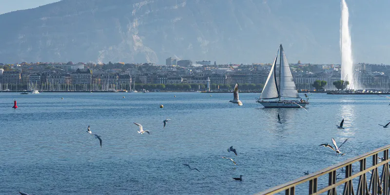 Blick auf Genf über Wasser mit Segelboot