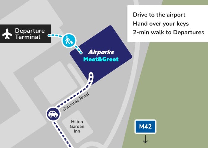 Map showing Airparks Electric Meet & Greet parking route to the terminal at Birmingham Airport