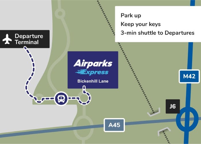 Map showing Airparks Express parking route to the terminal at Birmingham Airport