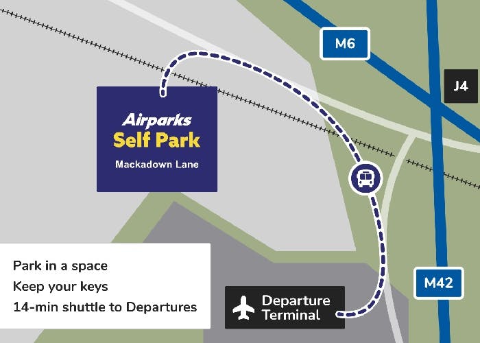 Map showing Airparks Self Park parking route to the terminal at Birmingham Airport