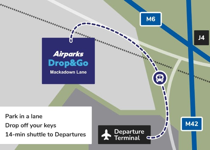 Map showing Airparks Drop & Go parking route to the terminal at Birmingham Airport