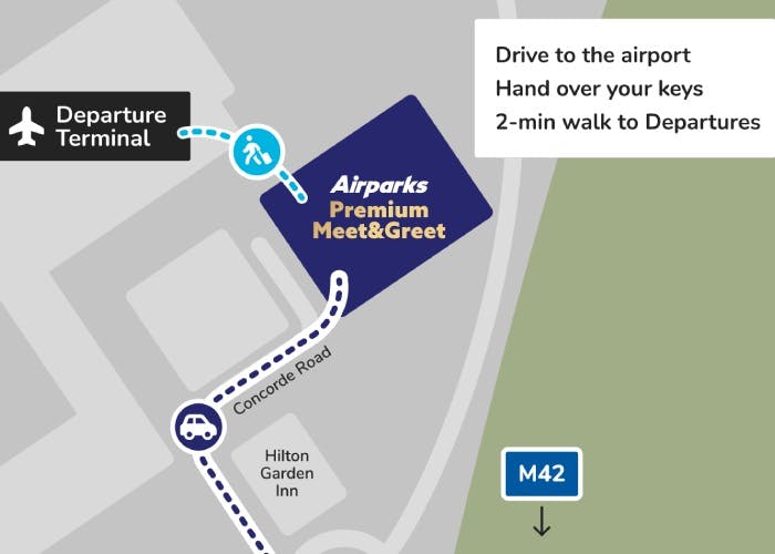 Map showing Airparks Meet & Greet Premium parking route to the terminal at Birmingham Airport