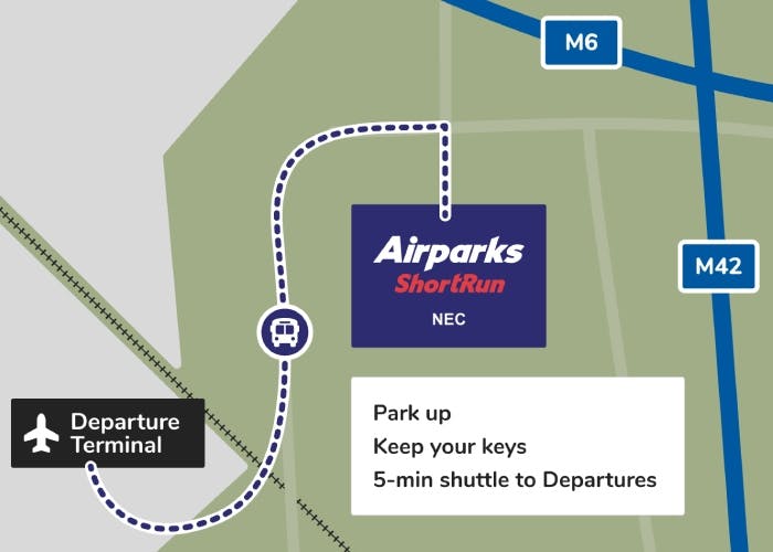Map showing Airparks ShortRun parking route to the terminal at Birmingham Airport