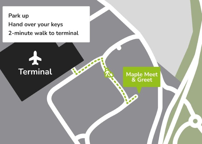 Map showing Maple Meet & Greet parking route to the terminal at Birmingham Airport