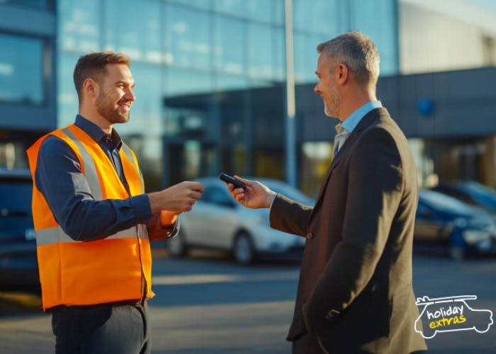 Smiling traveller handing car keys to Holiday Extras meet and greet driver at Birmingham Airport