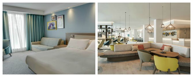 Hampton by hilton edinburgh airport hotels bedroom and restaurant