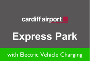 Logo for Cardiff Airport Parking Official Express Park Electric Vehicle - the logo reads Cardiff Airport Maes Awyr Caerdydd Express Park with Electric Vehicle Charging
