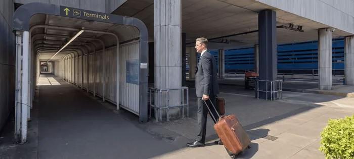 Traveller with luggage approaching the terminal walkway at Arora car park, Gatwick