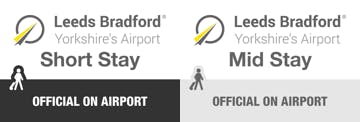 Leeds Bradford Airport Park and Stroll Provider Logos Banner - A line up of logos for the car parks at Leeds Bradford Airport that are close enough to the terminal building for customers to walk from their cars. There are 2 provider logos, Mid Stay and Short Stay official on airport car parks.