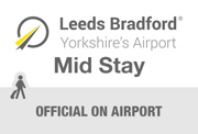 The Logo reads Leeds Bradford Yorkshire's Airport Mid Stay Official On Airport. It also includes the outline of a walking figure with luggage