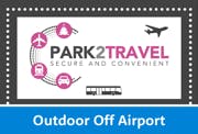 The logo for Park2Travel Outdoor EV parking. The logo shows icons for a boat, plane, train and car as well as a plane in flight and a transfer shuttle bus. The logo reads Park2Travel Secure and Convenient. Outdoor Off airport
