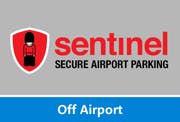 The logo for Sentinel parking at Leeds Bradford Airport, the logo shows the outline of a shield with a guard on it. The logo reads Sentinel Secure Airport Parking Off Airport